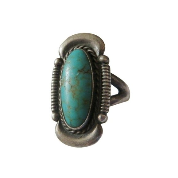 Vintage Turquoise Ring Sterling Silver Southwest Oval Cabochon Size 5.5 JHE5 - Picture 5 of 9